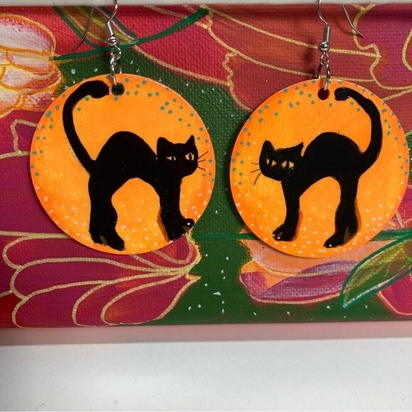 Halloween Black Cat Wooden One-Of-A-Kind Hand Painted Earrings Handmade Witchy - Picture 6 of 10